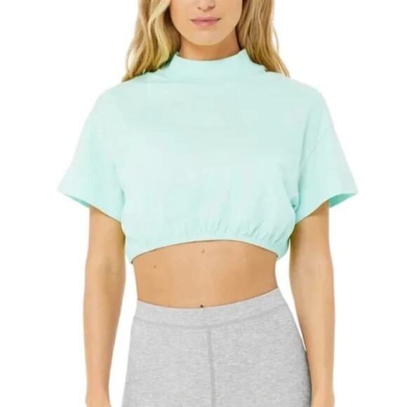 Alo Turquoise Blue Cropped Mock Neck Short Sleeve Kick It Crop Tee Shirt Top ⬇️ - Picture 1 of 4